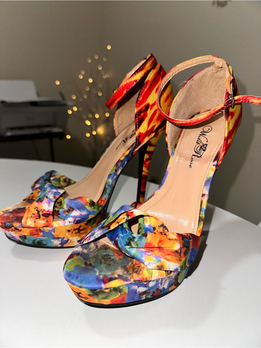 Wild Rose Multicolor Abstract Print Ankle-Strap Platform Heels